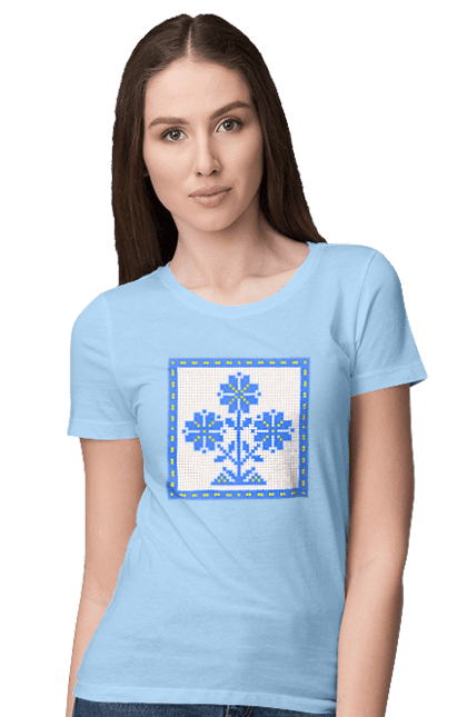 Women`s t-shirt with prints Yellow blue embroidery flowers. Cross stitch, embroidery, flowers, symbol of ukraine, traditions of ukraine, ukraine. 2070702