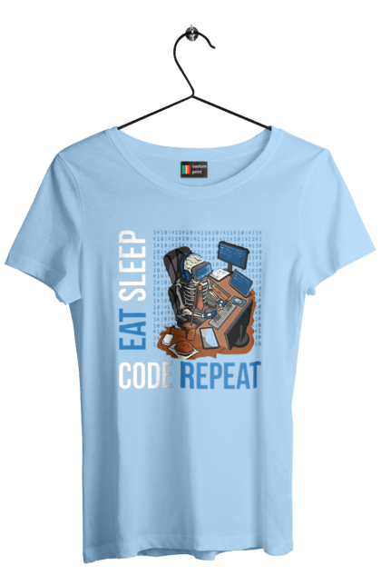 Футболка жіноча з принтом "Їж Cпи Кодуй Повторюй". Айті, айтішник, для айтішника, для програміста, їж спи, кодуй повторюй, подарунок айтішнику, подарунок програмісту, програміст, розробник. 2070702