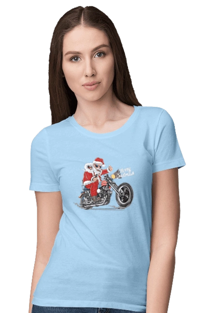 Santa in glasses on a motorcycle