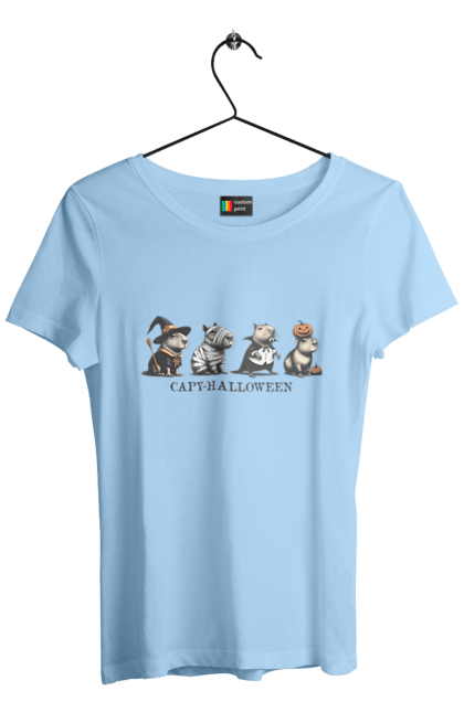 Women's t-shirt with prints Capybara Halloween. Animal, capybara, halloween, holiday, pumpkin, rodent. 2070702