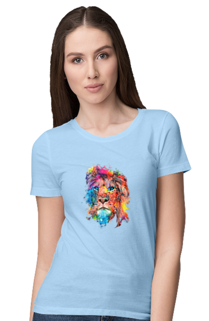 Women`s t-shirt with prints Lion of paint. Colorful lion, coloring, holiday lion, holly, indian lion, lion, lion and holly, paints. 2070702