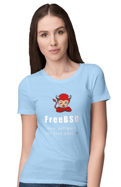 Футболка жіноча з принтом "Freebsd Для Вільних". Bsd, freebsd, unix, адміністратор, айті, айтішник, безкоштовна, безкоштовно, бестія, білий, вільна, демон, демонесса, доступність, незалежність, операційна система, ос, програміст, програмне забезпечення, свобода, сисадмін, система, системний адміністратор, софт, текст, червоний. 2070702