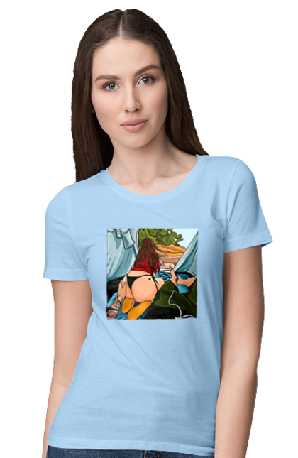 Футболка жіноча з принтом "Відпочинок З Улюбленою У Палатці". Відпочинок, жопа, палатка, собака. 2070702