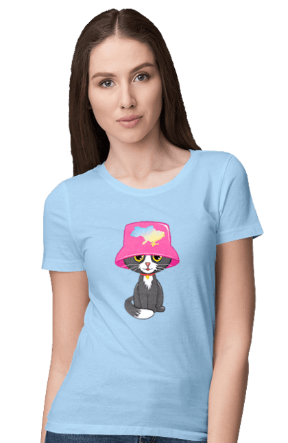 Women`s t-shirt with prints Cat with a map of Ukraine. Cat, eurovision, galoshes, music, panama galosh, symbol of ukraine, ukraine. 2070702