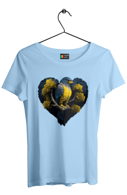 Women`s t-shirt with prints Blue and yellow falcon. Falcon, flag of ukraine, heart, symbol of ukraine, tree, ukraine. 2070702