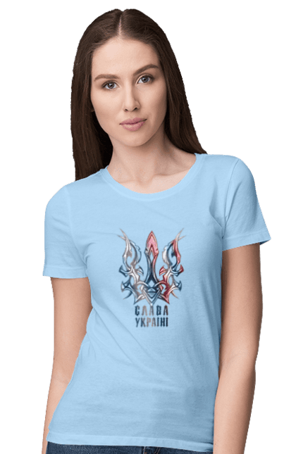 Women`s t-shirt with prints The Trident Glory to Ukraine is colored. Freedom, glory to ukraine, i am ukrainian, trident, ukraine, will. 2070702