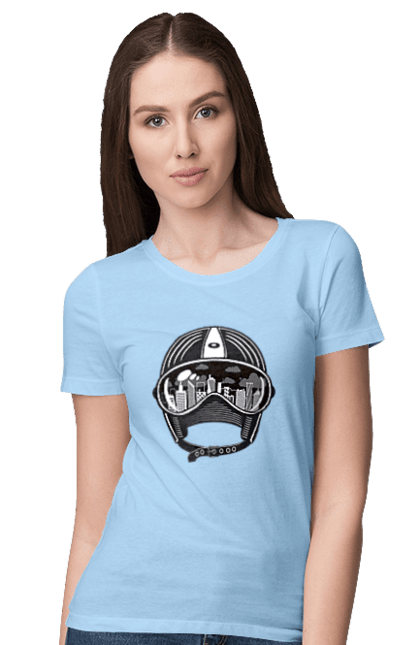 Women`s t-shirt with prints Helmet And City. City, helmet, speed. 2070702