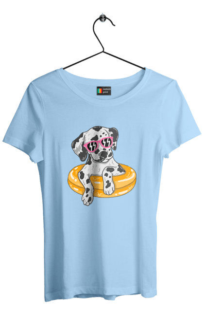 Women`s t-shirt with prints Dalmatian Swims In A Circle. Dalmatian, dog, glasses, to swim. 2070702
