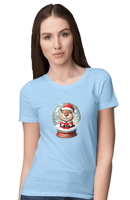 Women's t-shirt with prints Capybara in a snow globe. Animal, capybara, christmas, christmas capybara, gift, holiday, new year, new year`s gift, santa, snow globe. 2070702