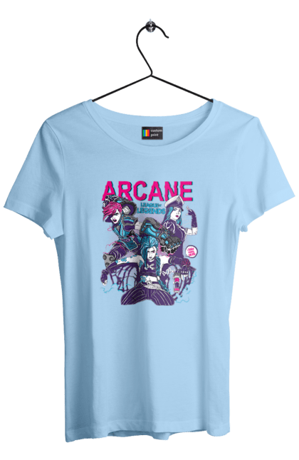 Women`s t-shirt with prints Arcane. Animated series, arcane, fantasy, fortiche, jinx, league of legends, riot games, violet. 2070702