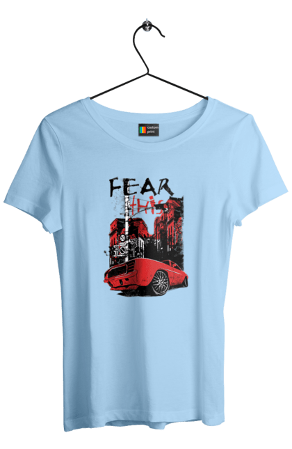 Women`s t-shirt with prints Red Car In The City. Riding, town. 2070702