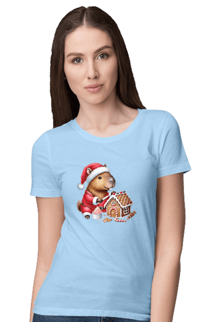 Women's t-shirt with prints Capybara builds a gingerbread house. Animal, capybara, christmas, christmas capybara, gift, gingerbread, gingerbread house, holiday, new year, new year`s gift. 2070702