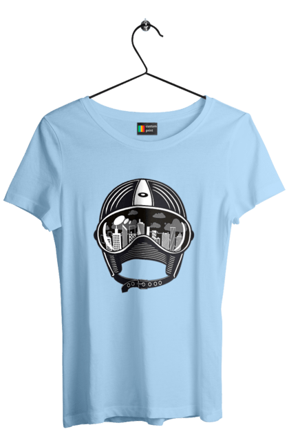 Women`s t-shirt with prints Helmet And City. City, helmet, speed. 2070702