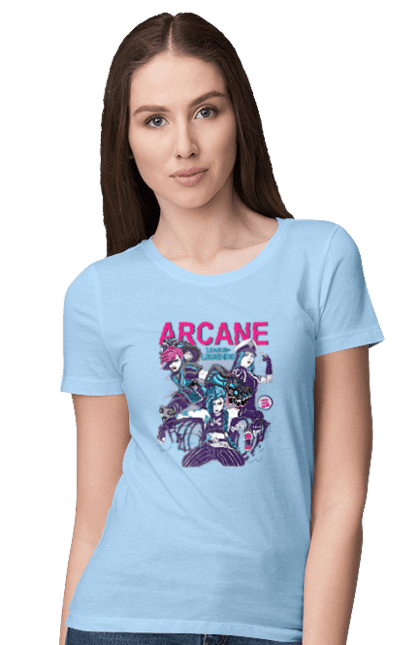 Women`s t-shirt with prints Arcane. Animated series, arcane, fantasy, fortiche, jinx, league of legends, riot games, violet. 2070702