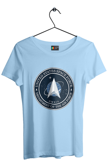 Футболка женская с принтом Космические силы США. Emblem, political, politics, space, space force, space travel, united states, ussf, космические силы, космические силы сша. 2070702