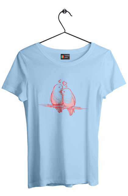 Women`s t-shirt with prints Parrots In Love. Lovers, parrots. 2070702