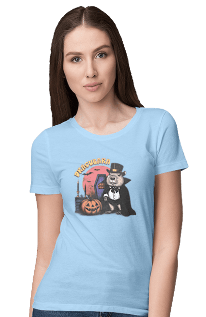 Women's t-shirt with prints Capybara Halloween. Animal, capybara, ghost, halloween, holiday, moon, pumpkin, rodent, vampire. 2070702