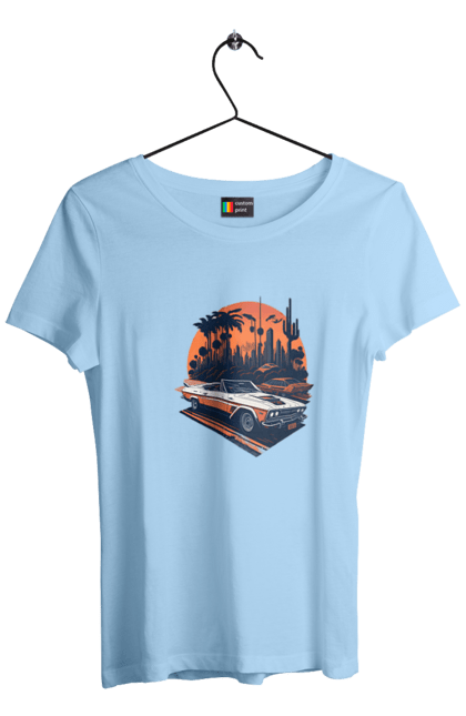 Women`s t-shirt with prints Beautiful car at sunset. Auto, sun, sunset. 2070702