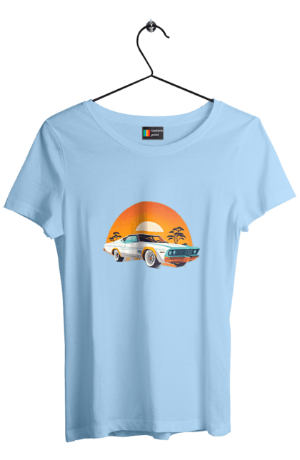 Women`s t-shirt with prints Beautiful car at sunset. Auto, decline, sun. 2070702