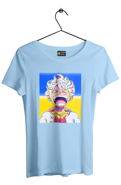 Women`s t-shirt with prints Monkey D Luffy laughing on a yellow blue background. Flag of ukraine, luffy, monkey d luffy, one piece, symbol of ukraine, ukraine. 2070702