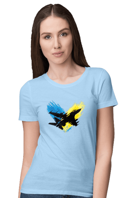 Women`s t-shirt with prints Airplane F 16. Aircraft f16, airplane, f16, flag, patriotic, ssu, with a flag. 2070702