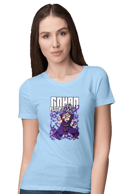 Women's t-shirt with prints Dragon Ball Gohan. Anime, dragon ball, gohan, goku, manga, tv series, vegeta. 2070702