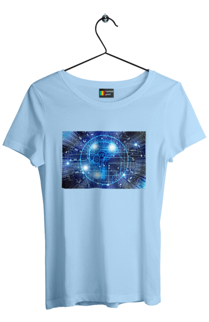 Футболка жіноча з принтом "Штучний інтелект". Айті, айтішник, гік, знання, інженер, інтелект, кібер, кібернетика, кіборг, код, комп, комп`ютерник, кристал, машинне навчання, мікросхема, мозок, портрет, програміст, професіонал, професія, розробник, розум, хакер, чіп, штучний інтелект, штучний розум. 2070702