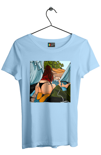 Футболка жіноча з принтом "Відпочинок З Улюбленою У Палатці". Відпочинок, жопа, палатка, собака. 2070702