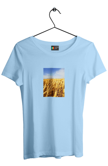 Women`s t-shirt with prints Ukraine. Beauty, blue, field, nature, sky, wheat. 2070702