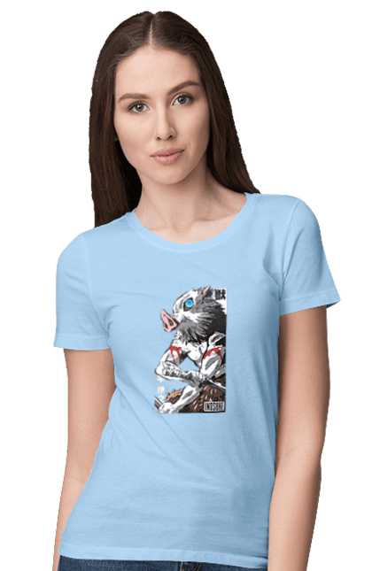 Women's t-shirt with prints Demon Slayer Inosuke. Anime, demon slayer, inosuke, inosuke hashibira, kimetsu no yaiba, manga. 2070702