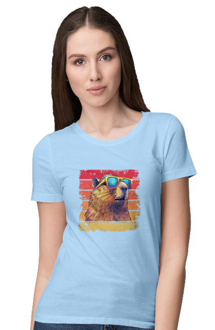 Women's t-shirt with prints Capybara. Animal, capybara, glasses, rodent. 2070702