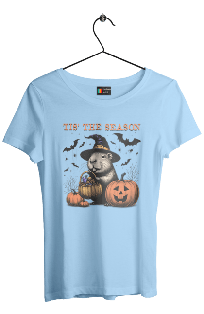 Women's t-shirt with prints Capybara Halloween. Animal, capybara, ghost, halloween, holiday, moon, pumpkin, rodent, witch. 2070702