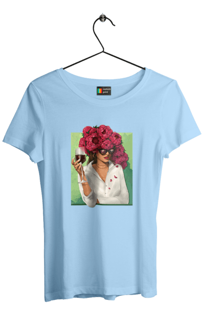 Футболка жіноча з принтом "Дівчина з півоніями та келихом". Вино, дівчина, квітка, келих, літо, окуляри, півонії, сорочка. 2070702