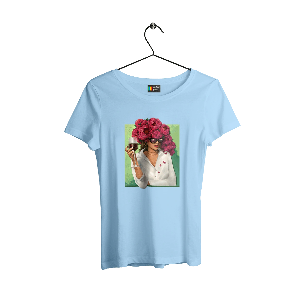 Girl with peonies and a glass