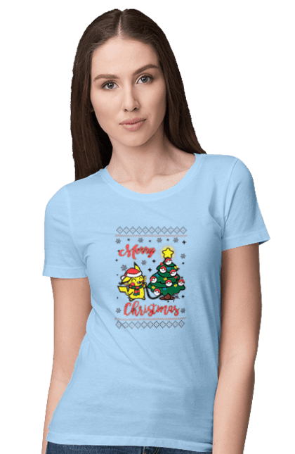 Women`s t-shirt with prints Pikachu Merry Christmas!. Anime, christmas, game, manga, merry christmas, nintendo, pikachu, pokemon. 2070702