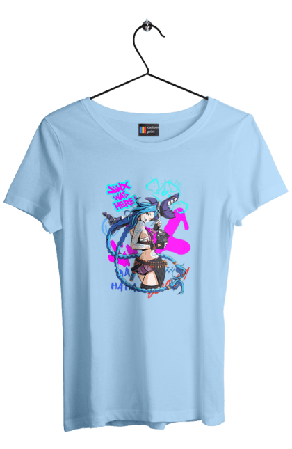 Women`s t-shirt with prints Arcane. Animated series, arcane, fantasy, fortiche, jinx, league of legends, riot games, violet. 2070702
