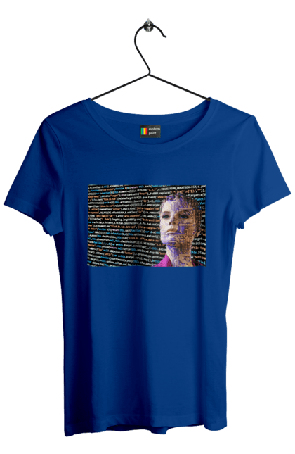 Футболка жіноча з принтом "Штучний Розум". Айті, айтішник, гик, жінка, знання, інженер, інтелект, кібер, кібернетика, кіборг, код, комп, комп`ютерник, кристал, машинне навчання, мікросхема, мозок, портрет, програміст, професіонал, професія, розробник, розум, світиться, світло, хакер, чіп, штучний інтелект, штучний розум. 2070702