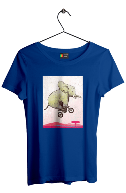 Футболка жіноча з принтом "Слон На Мотоциклі". Мотоцикл, політ, слон. 2070702
