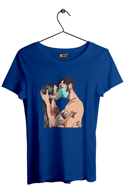 Women`s t-shirt with prints Coronavirus Love. Coronavirus, kiss, love, mask, quarantine. 2070702