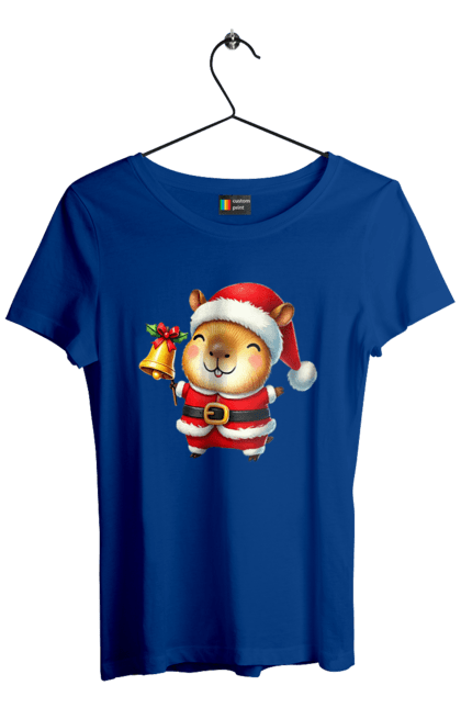 Women's t-shirt with prints Funny capybara with a bell. Animal, bell, capybara, christmas, christmas capybara, gift, holiday, new year, new year`s gift, santa. 2070702