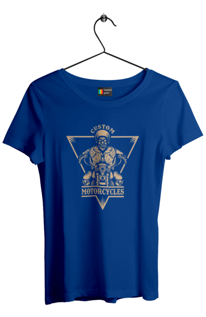 Футболка женская с принтом Скелет на мотоцикле. Драйв, мотоцикл, скелет. 2070702