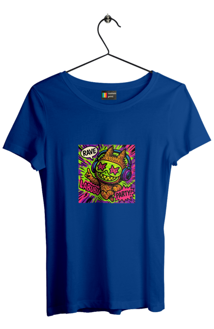 Футболка жіноча з принтом "Лабубу". Вечірка, вуличне мистецтво, графіті, зоряніочі, коміксстиль, лабубу, навушники, неон, попарт, рейв. 2070702