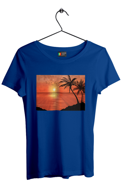 Women`s t-shirt with prints West Palm Sea. Palm trees, sea, shore. 2070702