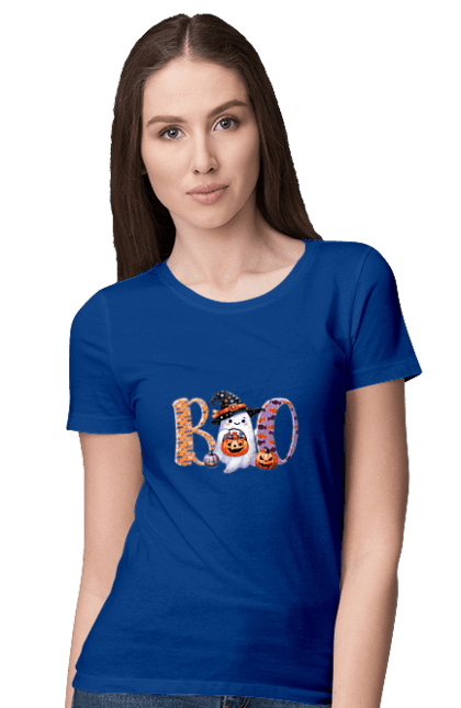 Women's t-shirt with prints Halloween Ghost. Costume, ghost, halloween, holiday, october, october 31, scary, sweets, trick or treat. 2070702