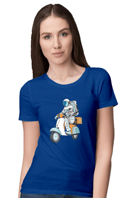Футболка женская с принтом Космонавт на мотоцикле. Космонавт, космос, мотоцикл. 2070702