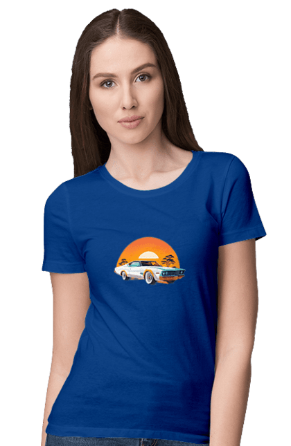 Women`s t-shirt with prints Beautiful car at sunset. Auto, decline, sun. 2070702