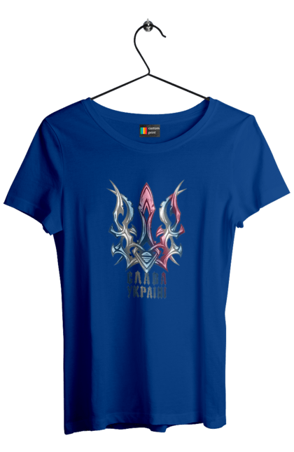 Women`s t-shirt with prints The Trident Glory to Ukraine is colored. Freedom, glory to ukraine, i am ukrainian, trident, ukraine, will. 2070702