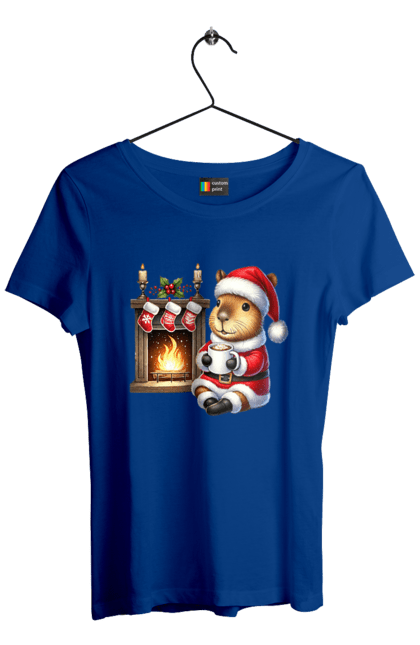 Women's t-shirt with prints Capybara by the fireplace with hot chocolate. Animal, capybara, christmas, christmas capybara, fireplace, gift, holiday, hot chocolate, new year, santa. 2070702