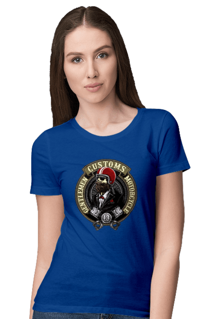Women`s t-shirt with prints Gentlemen motorcycle. Gentleman, helmet, motorcycle, skull. 2070702