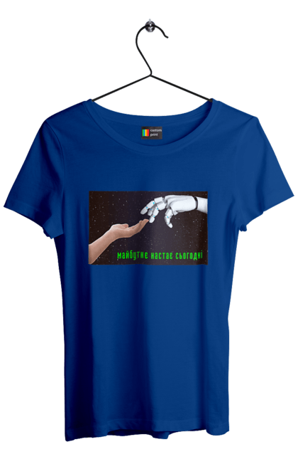 Футболка женская с принтом Будущее Наступает Сегодня. Айти, айтишник, андроид, гик, женщина, знание, инженер, интеллект, искусственный интеллект, искусственный разум, кибер, кибернетика, киборг, код, комп, компьютер, компьютерщик, машинное обучение, микросхема, мозг, портрет, программист, профессионал, профессия, разработчик, разум, робот, роботехника, ум, хакер. 2070702